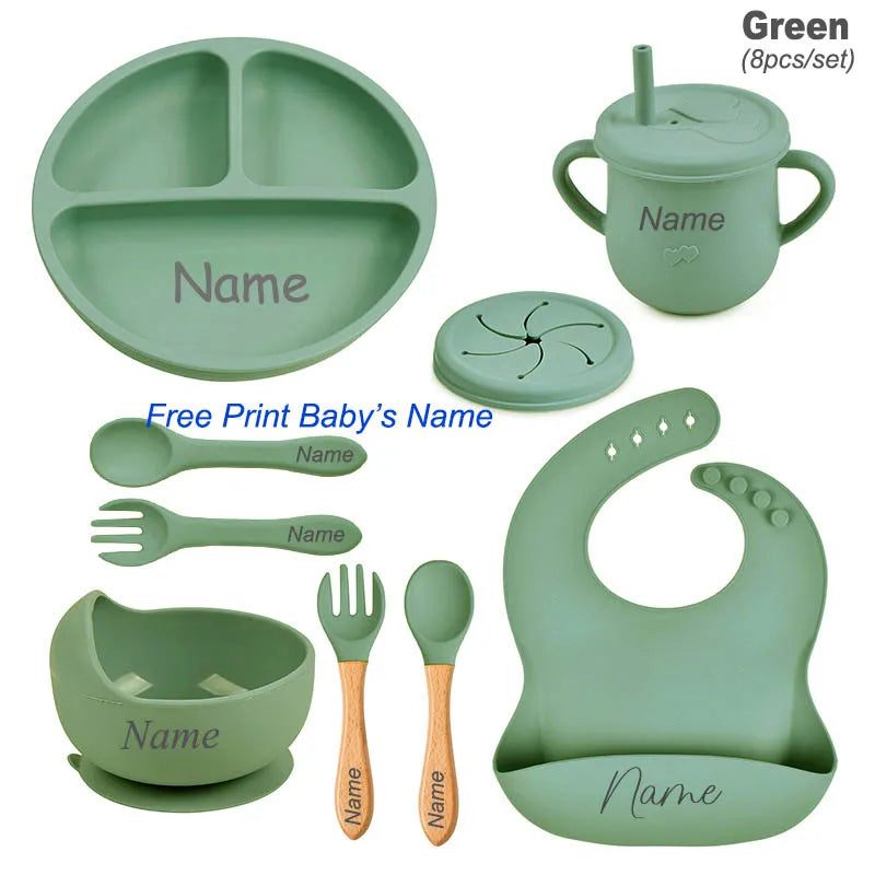 Personalized Silicone Baby Tableware Set, 8-Piece Collection with Divided Plate, Suction Bowl, Pocket Bib, Straw Cup and Two Utensil Pairs