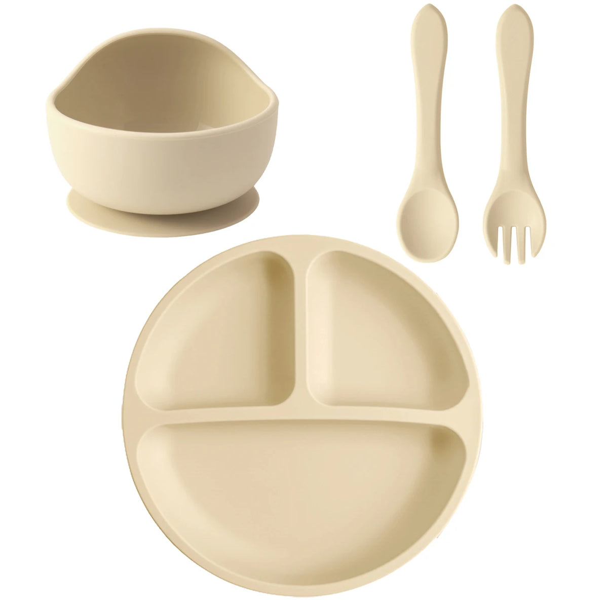 Four-Piece Silicone Baby Feeding Set with Three-Section Suction Plate, Bowl, Spoon and Fork for Supervised Toddler Meals in Ten Color Options