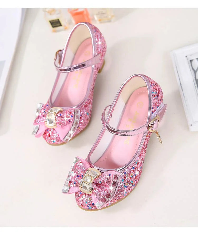 Bow-Accent Glitter Mary Jane Shoes for Girls with Buckled Strap and Block Heel, Sparkling Princess Dress Shoes for Parties and Weddings