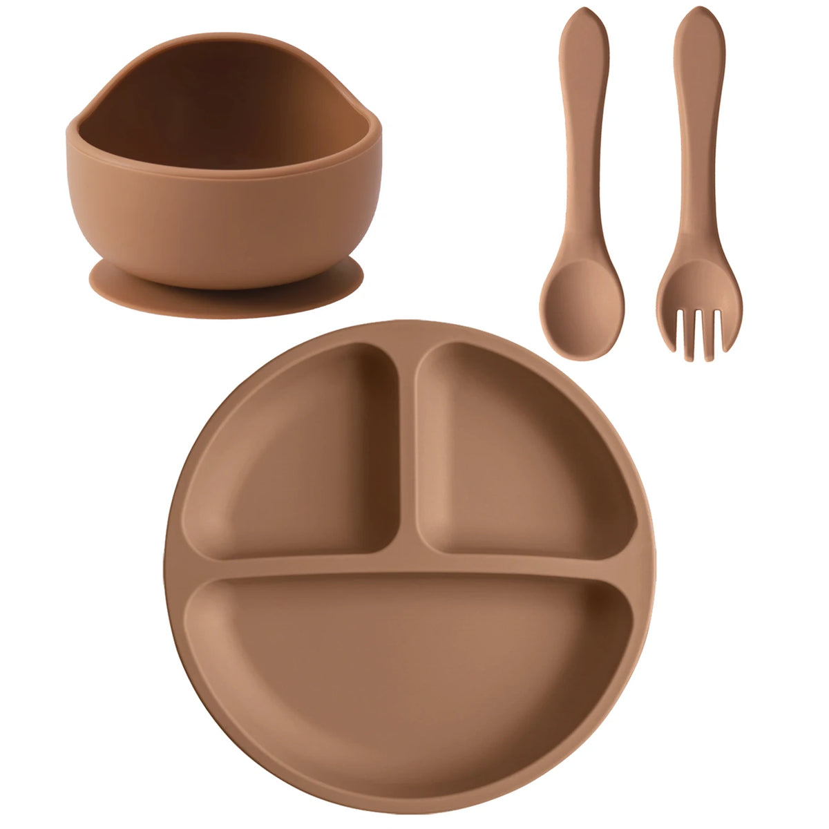 Four-Piece Silicone Baby Feeding Set with Three-Section Suction Plate, Bowl, Spoon and Fork for Supervised Toddler Meals in Ten Color Options