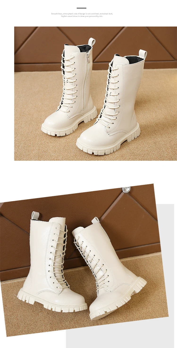 Girls Mid-Calf Lace-Up Boots with Side Zippers, Chunky Lug-Style Soles and Back Pull Tabs, Fall Winter Fashion Footwear in Sizes 27-36
