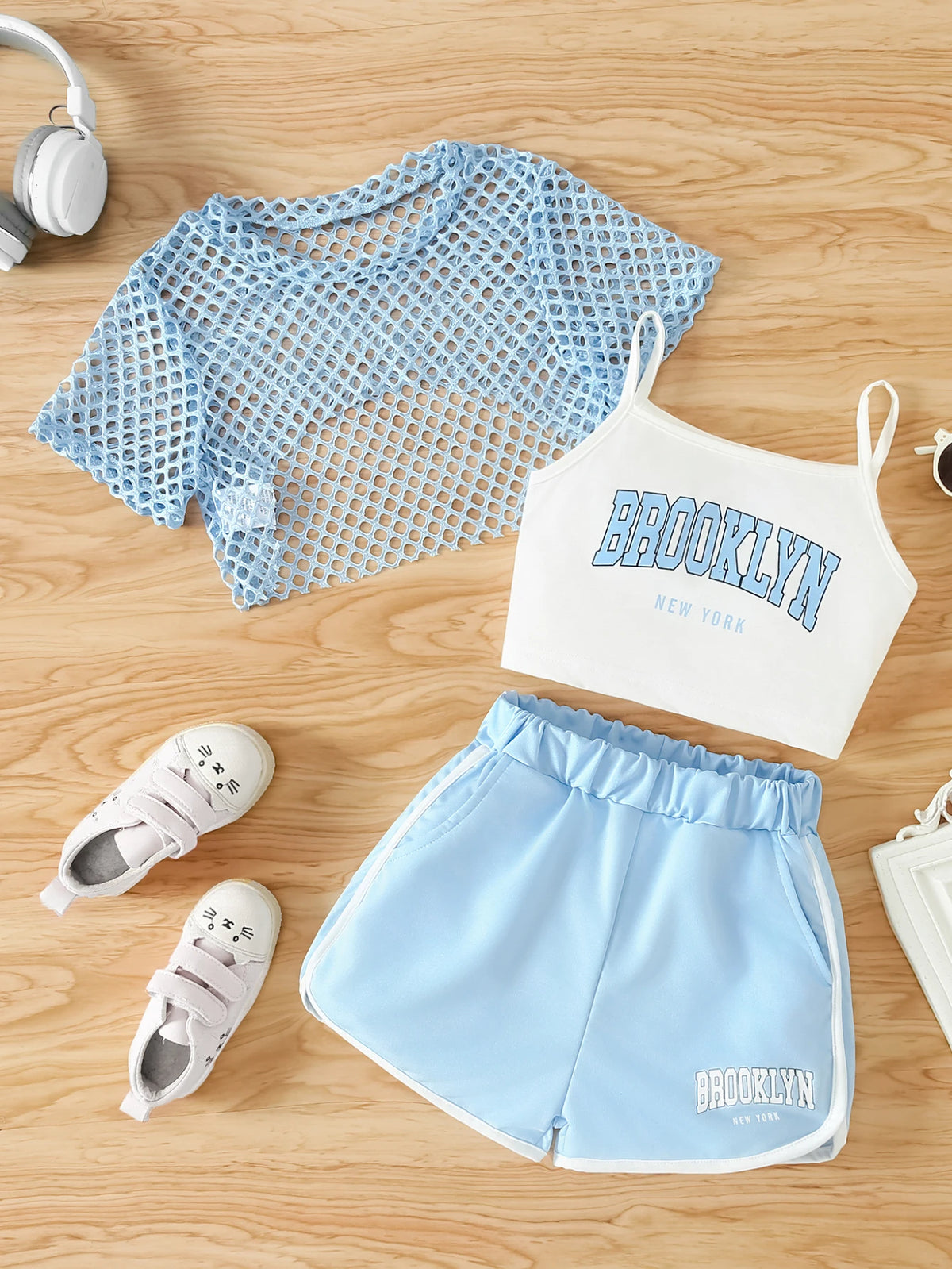 Girls Mesh Top and Shorts Outfit with Brooklyn Print Cami, Three-Piece Summer Set with Short Sleeves and Elastic Waist for Ages 8-12