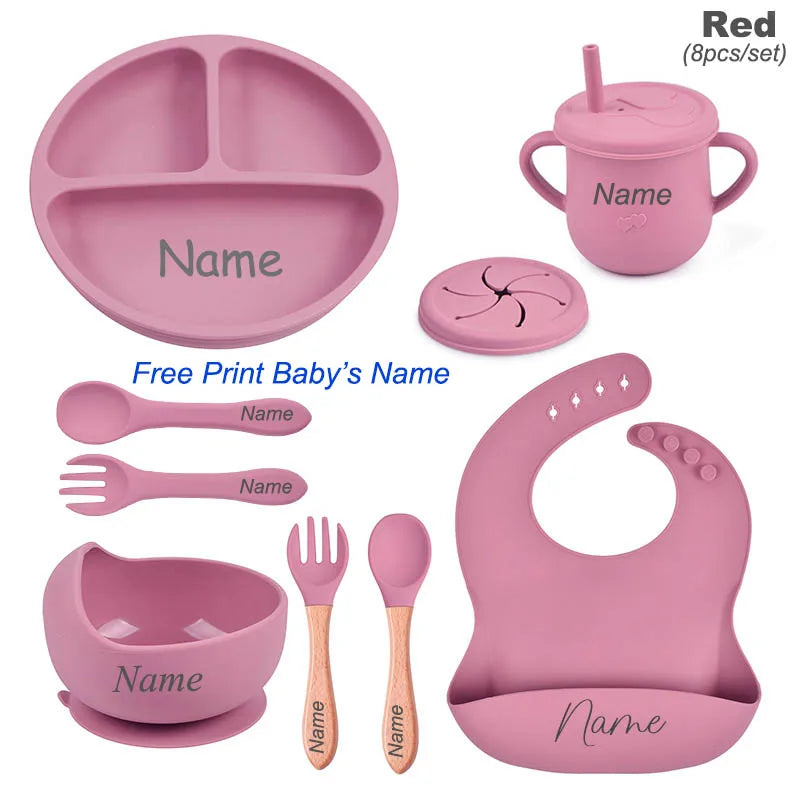 Personalized Silicone Baby Tableware Set, 8-Piece Collection with Divided Plate, Suction Bowl, Pocket Bib, Straw Cup and Two Utensil Pairs