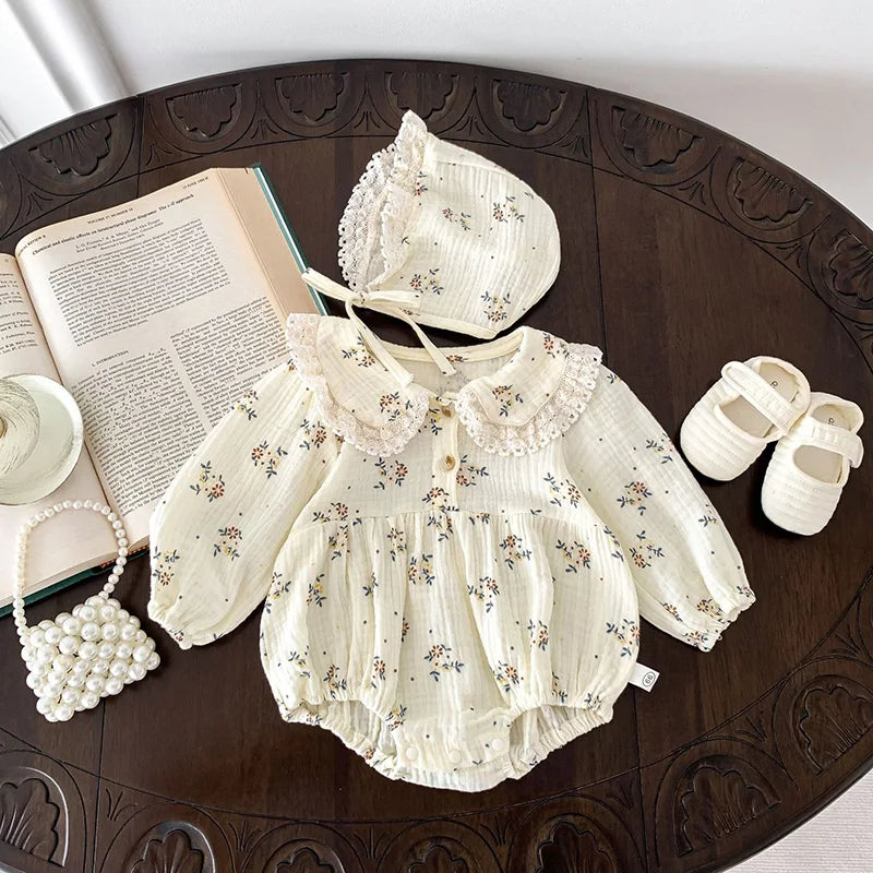 Lace Collar Baby Girl Romper with Bonnet, Cream Floral Long Sleeve Bubble One-Piece and Matching Hat for Spring Photos, Sizes 66-90