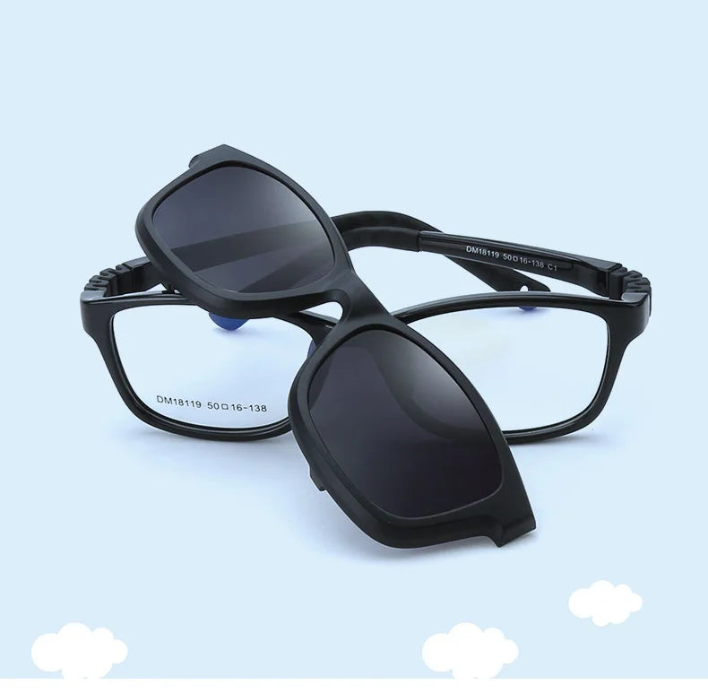Kids Clip-On Sunglasses by Ralferty, 2-in-1 Children's Eyeglass Frame with Polarized Sun Clip for Everyday Outings and Family Travel