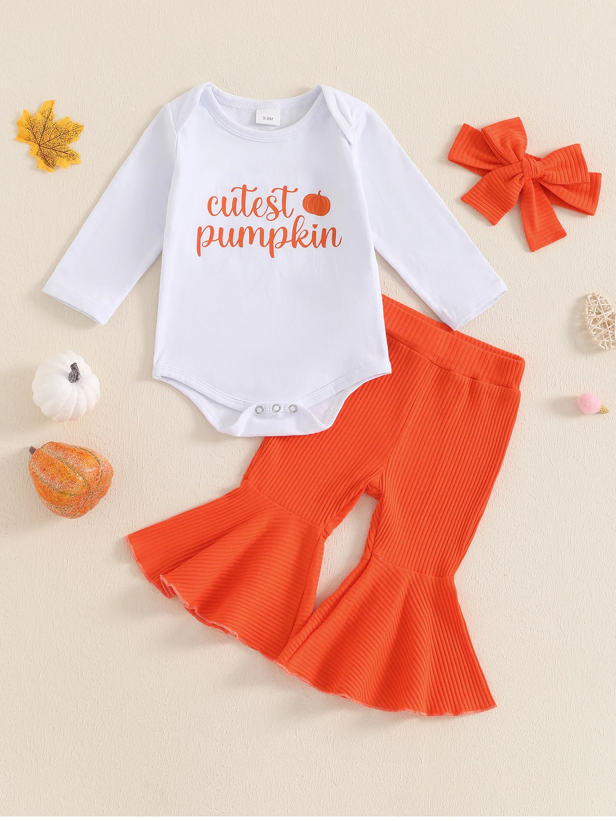Baby Girl Pumpkin Outfit with Long Sleeve Bodysuit, Orange Ribbed Bell Bottom Pants and Bow Headband, Three-Piece Halloween Set for 0-18 Months