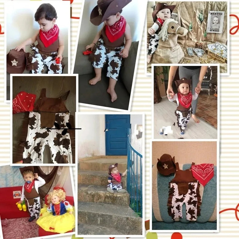 Cow Print Baby Cowboy Costume with Fringe Romper, Sheriff Hat and Red Bandana, Western Birthday Dress-Up Outfit with Sock Options