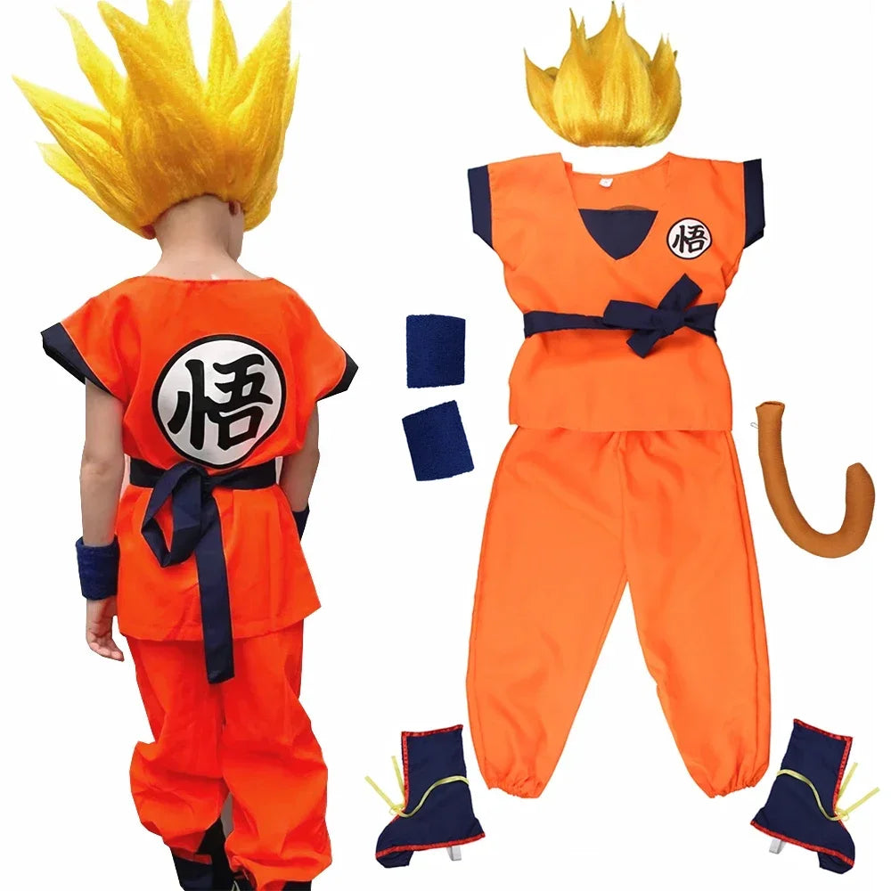 Goku Cosplay Costume for Kids and Adults, Orange Polyester Top and Pants with Belt, Wristbands and Tail, 5/6/7-Piece Dress-Up Options