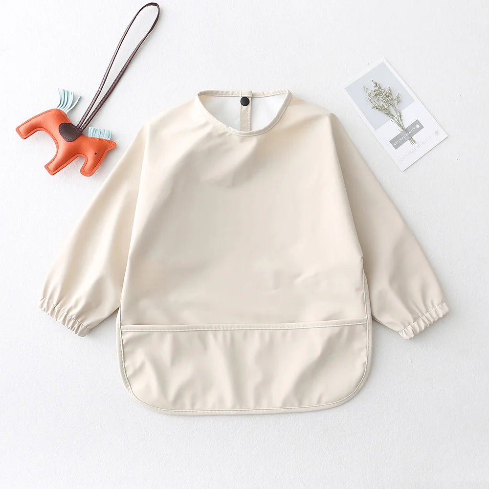 Long Sleeve Feeding Bib for Babies and Toddlers, Solid Color Polyester Mealtime Apron with Front Pocket for Snacks and Messy Art Play