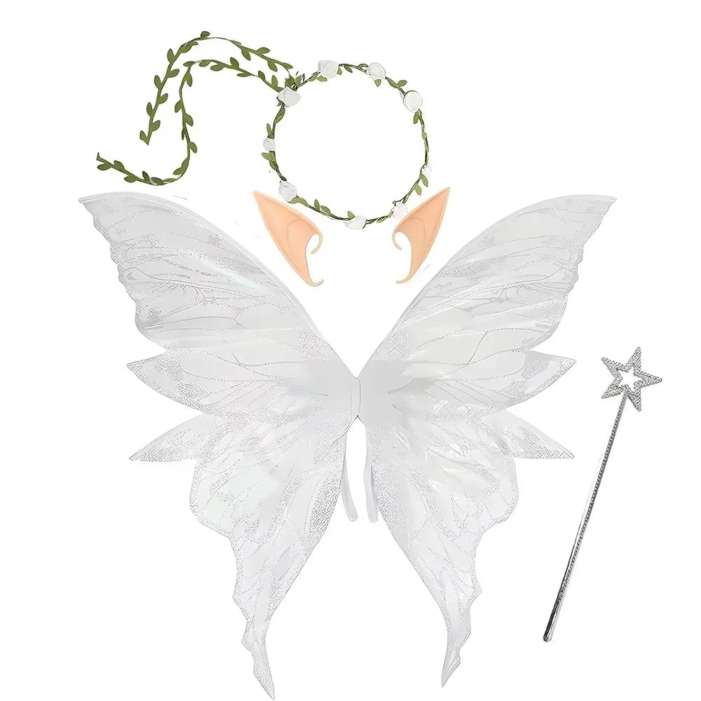 Fairy Wings Costume Set with Organza Butterfly Wings, Elf Ears, Floral Wreath and Star Wand for Halloween, Fantasy Parties and Dress-Up