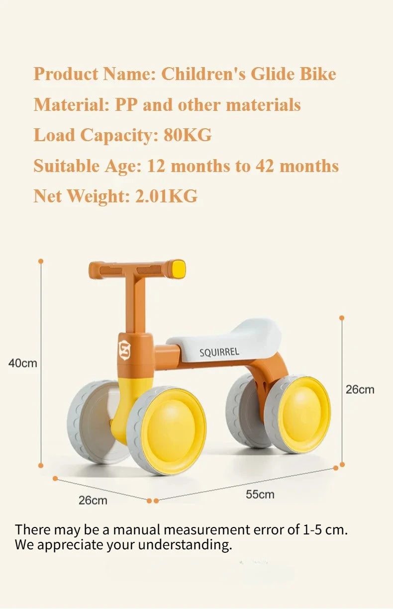 Toddler Four-Wheel Ride-On Bike in Green or Orange with Pedal-Free Design, Straight Handlebars and Shaped Seat for Supervised Play