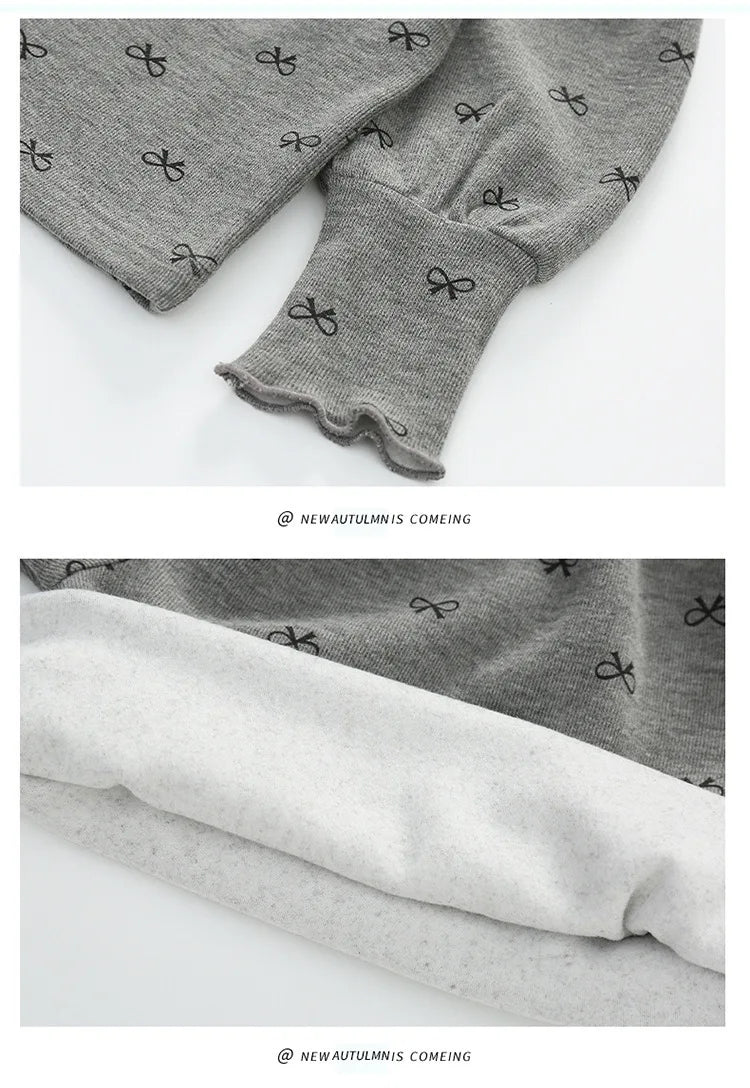 Girls High Neck Long Sleeve Shirt with Allover Bow Print, Beige or Gray Layering Top for Everyday Fall and Winter Outfits and Family Gatherings