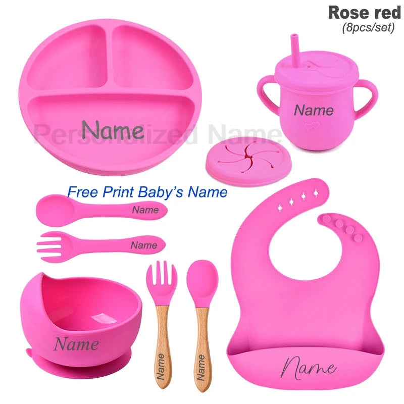 Personalized Silicone Baby Tableware Set, 8-Piece Collection with Divided Plate, Suction Bowl, Pocket Bib, Straw Cup and Two Utensil Pairs