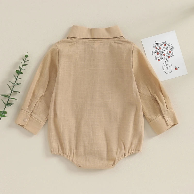 Baby Boy Collared Romper with Long Sleeves, Chest Pocket and Snap Front, Solid Color Cotton Blend Gentleman Outfit for Photos, 0-24 Months