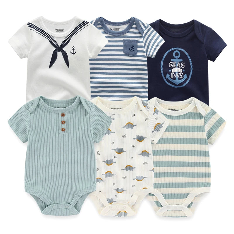 Baby Cotton Bodysuit Set, 6-Piece Short Sleeve Outfits with Envelope Shoulders and Snap Crotch for Boys and Girls, Sizes 3M-12M