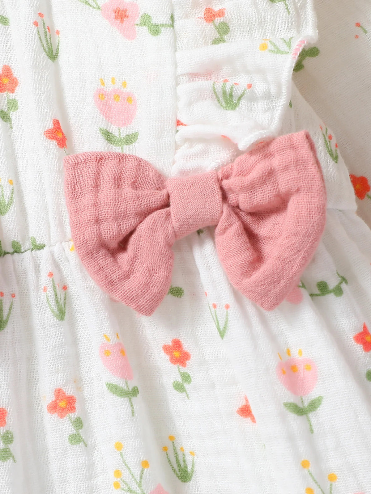 Baby Girl Heart Print Romper with Shoulder Ruffles and Bow Details, Long Sleeve Cotton Jumpsuit with Inner-Leg Snaps, Sizes 0-6 Months