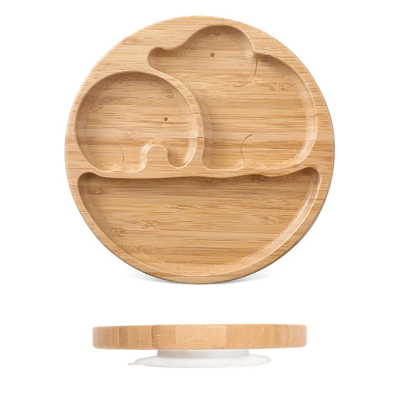 Bamboo Baby Suction Bowl and Tableware Options, Sun, Cloud and Dinosaur Designs with Single-Piece or 3-Piece Wooden-Handle Utensil Sets