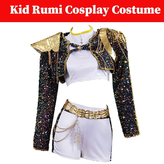 Girls Stage Performance Costume with Black and Gold Sequin-Look Jacket and White Top-and-Shorts Styling for Cosplay, Halloween and Dress-Up