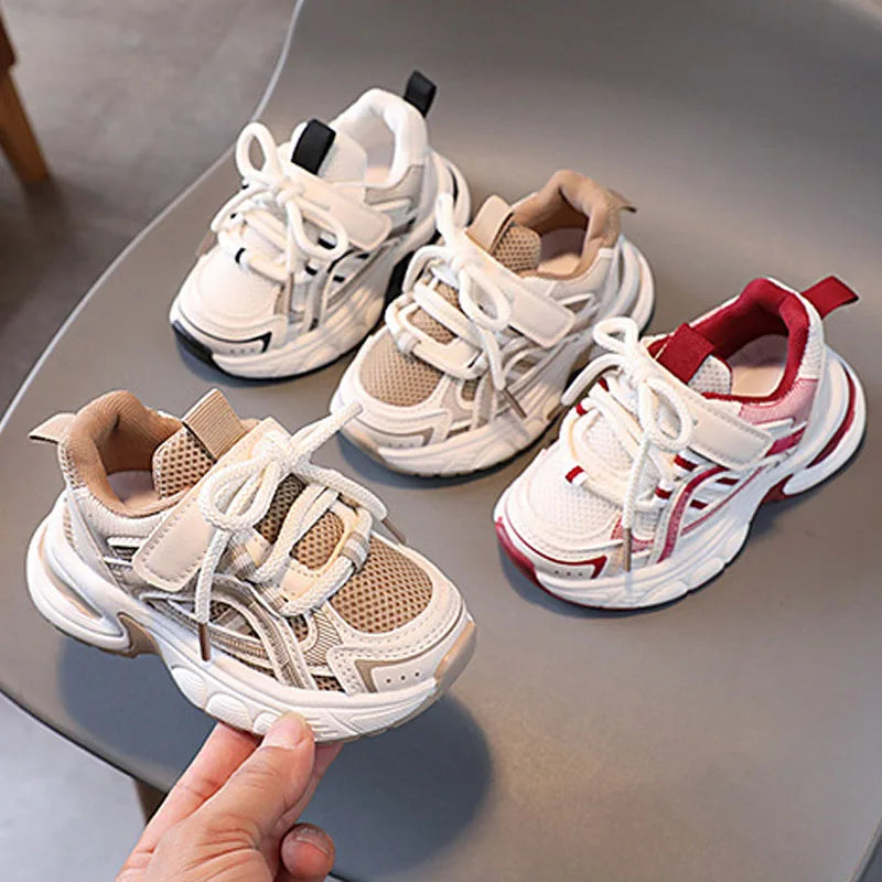 Children Mesh Sports Sneakers with Layered Panels, Lace and Strap Styling for Boys and Girls, Casual Spring and Fall Shoes in Red, Khaki or Black