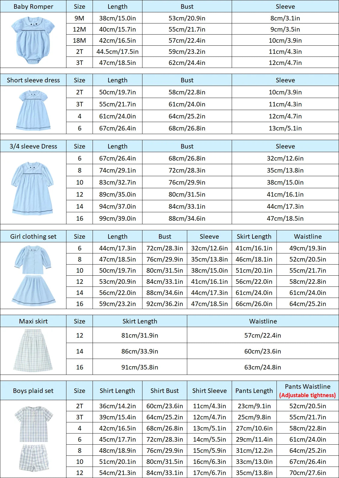Light Blue Sibling Matching Outfits with Cotton Girls Collared Dresses, Baby Rompers and Boys Plaid Sets, Lyocell Knit Tops and White Separates