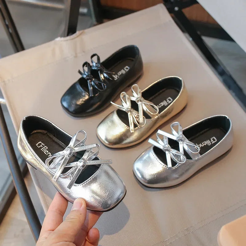 Girls Square-Toe Double-Bow Dress Flats with Cross-Strap Detail in Silver, Black or Gold for Party Outfits, Family Celebrations and Special Occasions