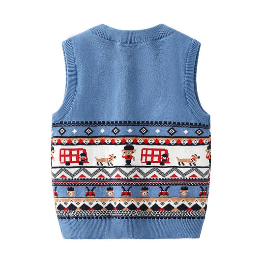 Blue V-Neck Baby Sweater Vest with Bus and Character Knit Pattern, Sleeveless Pullover with Ribbed Trim for Infant and Toddler Layering, 6M–3T
