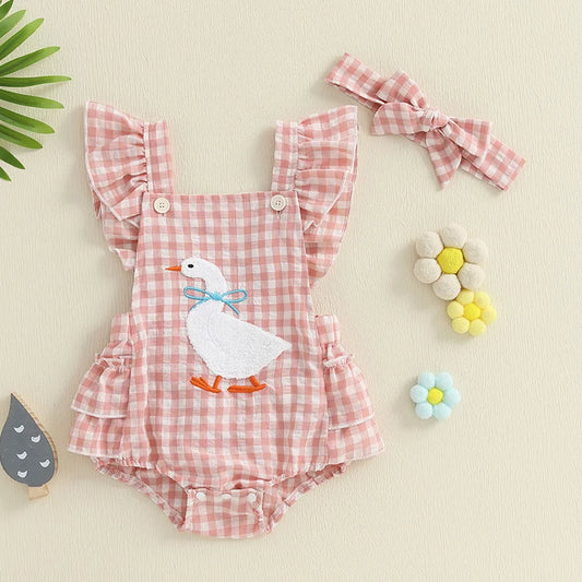 Duck Embroidered Baby Girl Romper and Headband Set, Gingham Ruffle Shoulder Summer Outfit with Matching Bow in Pink or Khaki, 0-18 Months