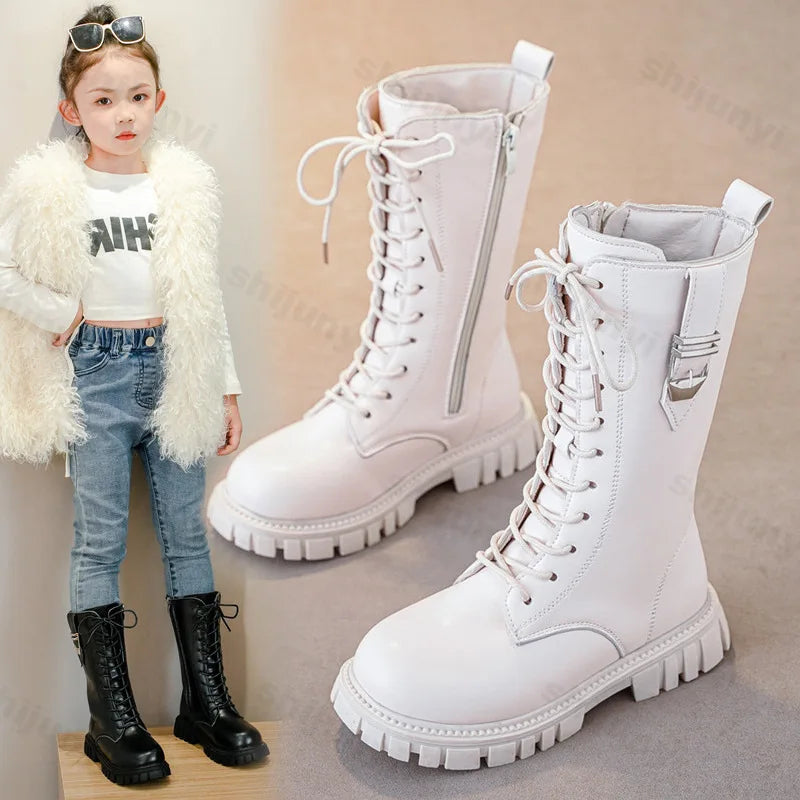 Girls Buckle Detail Tall Boots with Lace-Up Front and Side Zippers, Chunky Lug-Style Soles and Round Toes for Casual Fall Outfits