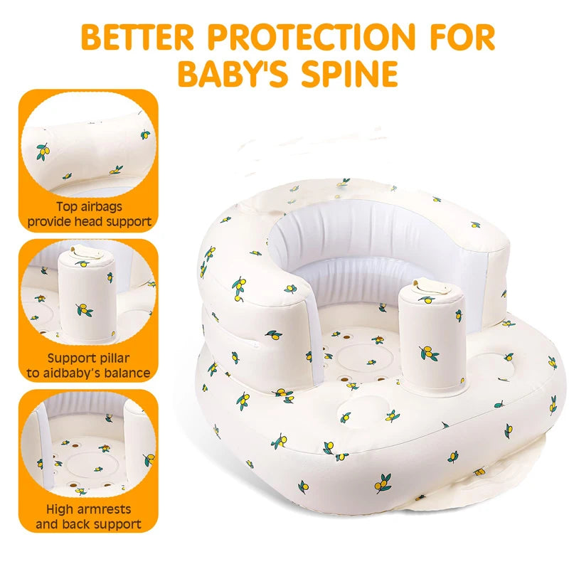Inflatable Baby Sofa Seat with Built-In Air Pump, Portable Infant Floor Chair for Supervised Sitting and Play, Olive Flower or Bear Head