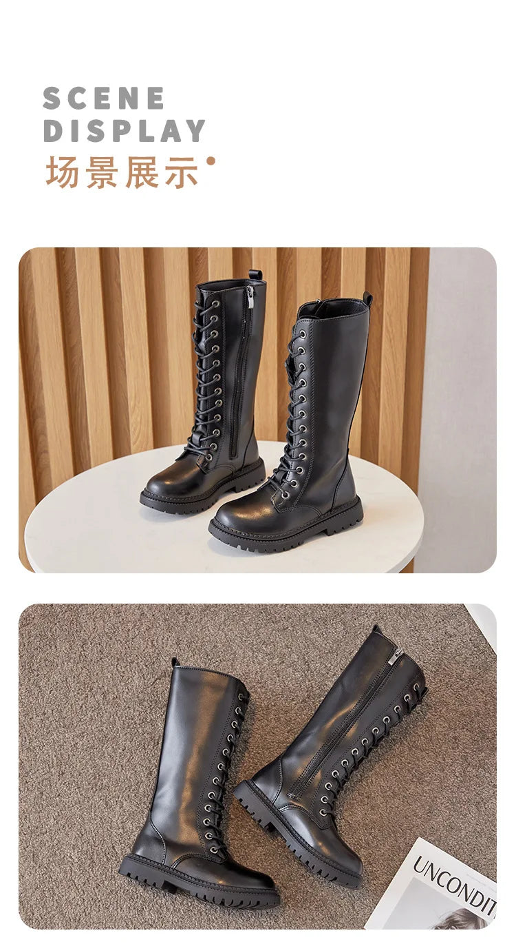 Lace-Up Knee-High Boots for Girls with Side Zippers and Chunky Soles, Black or Beige Motorcycle-Inspired Tall Fashion Shoes, Sizes 27–37