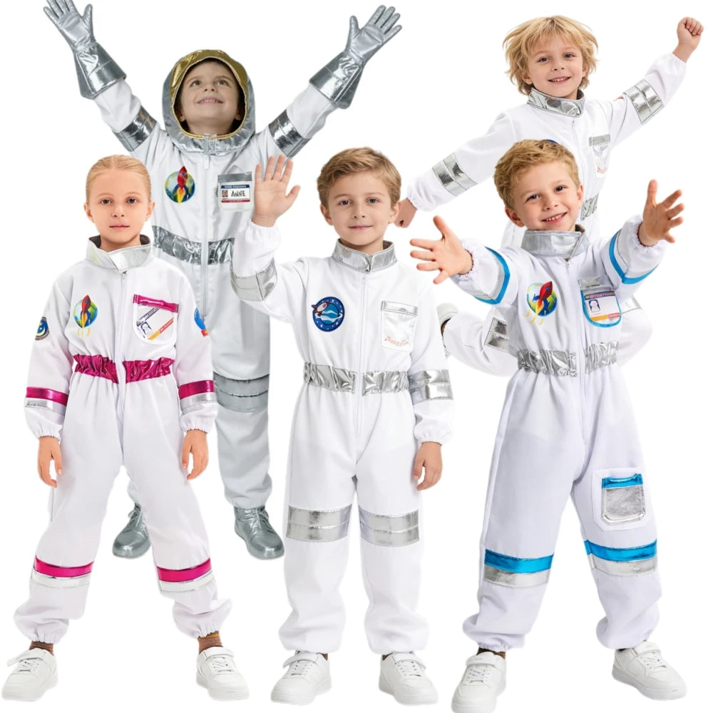 Space Explorer Costume for Kids with White Astronaut Jumpsuit, Space-Themed Patches and Metallic Trim Options for Halloween and Birthday Parties