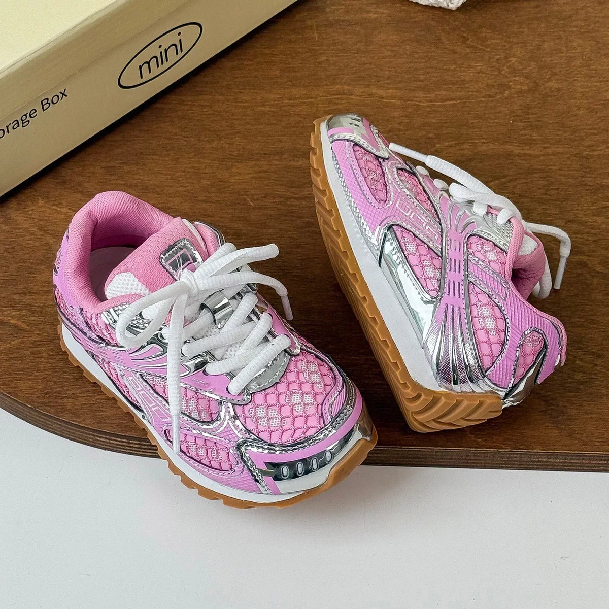 Kids Mesh Sneakers with Metallic Orbit Styling, Lace-Up Casual Walking Shoes in Pink or Silver with Rubber Soles for Everyday Outfits