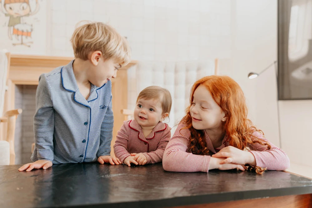Striped Cotton Kids Matching Outfits with Collared Button Front, Blue and Red Two-Piece Styles, Baby Footie and Dress Options for Sibling Photos