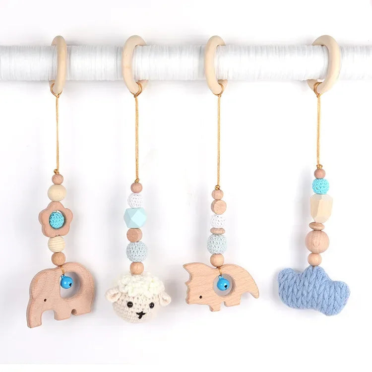 Beech Wood Baby Gym Toy Set, 4 Hanging Animal Pendants with Yarn Details and 5.8 cm Rings for Supervised Looking and Reaching, Frame Not Included