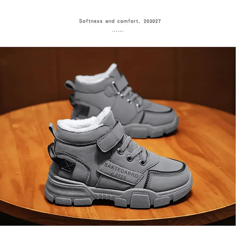 Kids Plush-Lined Winter Boots with Hook-and-Loop Ankle Strap and Lace-Up Front, Gray or Khaki High-Top Casual Shoes with Chunky Sole in Sizes 26–37