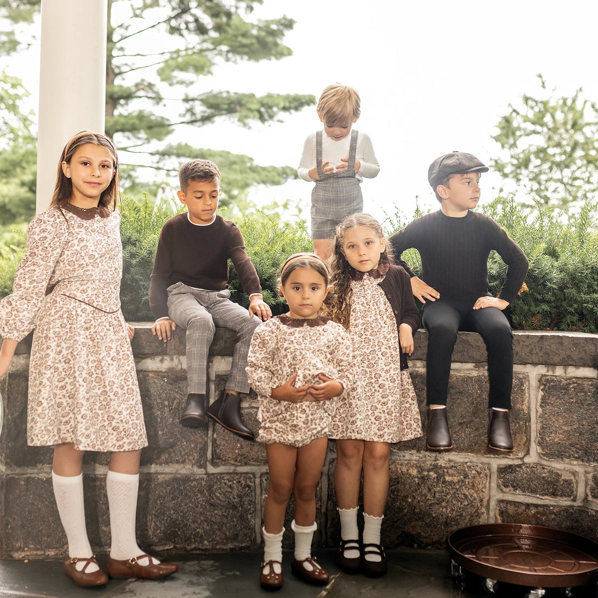 Brown Floral Sibling Matching Outfits with Cotton Girls Dresses and Baby Bloomer Sets, Coordinating Cardigans and Plaid Boys Pants or Overall Shorts