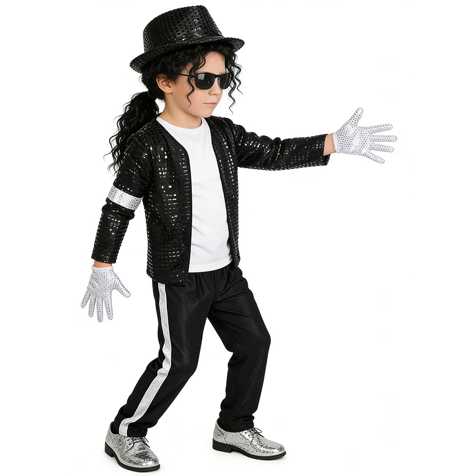 Kids Pop Star Costume with Black Sequin Jacket and Pants Set Options, Retro Dance Performance Outfit for Halloween and Parties, Sizes S-XL