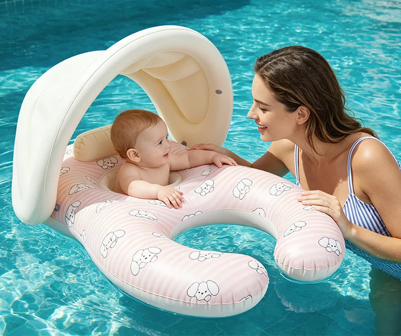 Parent-Child Double-Seat Inflatable Pool Float with Sun Canopy, Two-Seat Swim Ring for Supervised Family Water Play, WDF0752 or WDF0753