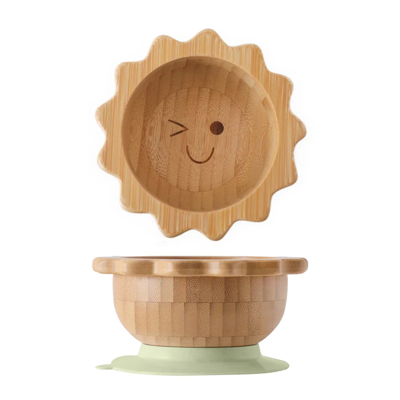 Bamboo Baby Suction Bowl and Tableware Options, Sun, Cloud and Dinosaur Designs with Single-Piece or 3-Piece Wooden-Handle Utensil Sets