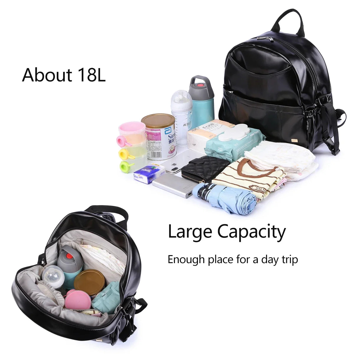 PU Diaper Bag Backpack with Zippered Storage and Front Pockets, 34 x 14 x 32 cm Baby Essentials Organizer for Parents and Everyday Outings