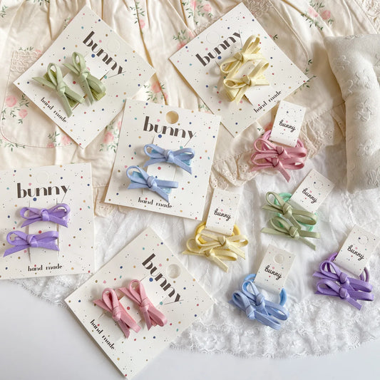 Ribbon Bow Hair Accessories for Girls, 2-Piece Matching Hair Clip or Elastic Hair Tie Set in Five Colors for Ponytails and Everyday Outfit Styling