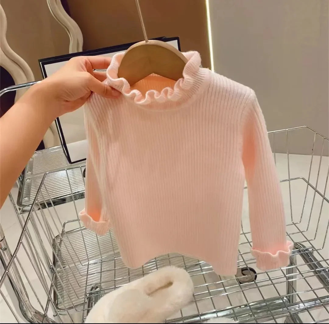 Toddler Lettuce Edge Sweater, Ribbed Knit Mock Neck Pullover with Long Sleeves for Boys and Girls, Six Solid Colors, Sizes 12-18M to 6-7Y