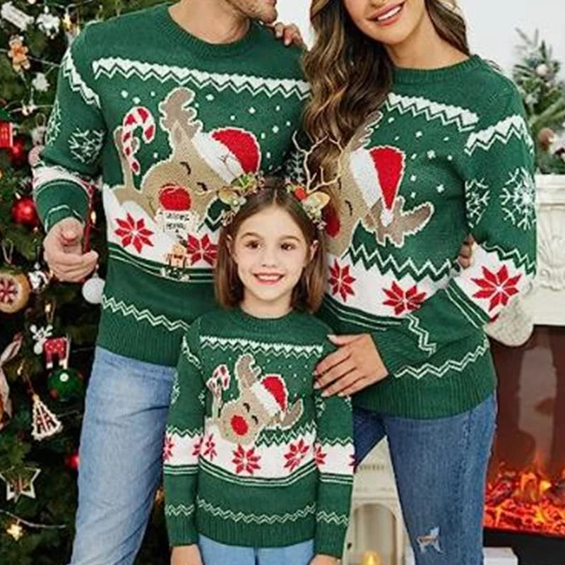 Reindeer Family Christmas Sweaters in Red or Green, Matching Mom Dad and Kids Long Sleeve Crewneck Pullovers for Holiday Photos and Parties