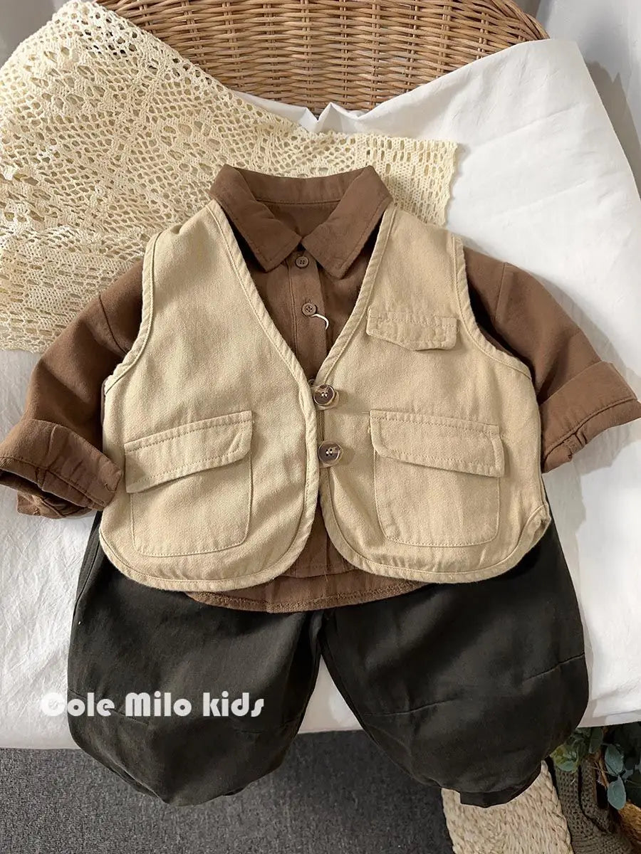 Baby and Toddler Collared Button-Up Shirt with Long Sleeves and Chest Pocket, Beige or Brown Unisex Casual Top for Spring and Fall Family Outfits
