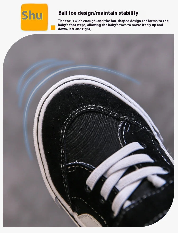 Kids Low-Top Canvas Shoes in Black and White with Hook-and-Loop Strap, Lace Detail and Contrast Side Stripe for Everyday Casual Outfits