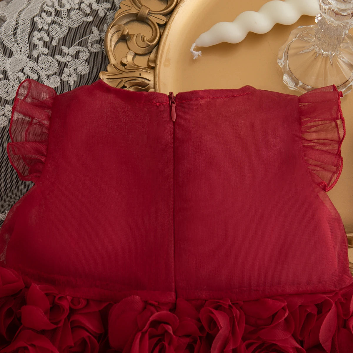 Rosette Baby Girl Party Dress with Large Front Bow and Ruffled Shoulders, Pink or Red Sleeveless Outfit for First Birthdays and Wedding Photos