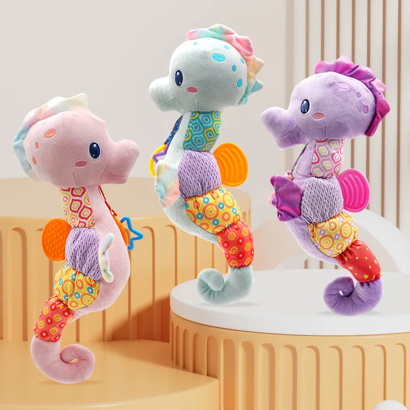 Plush Seahorse Baby Rattle with Crinkle Sounds, Colorful Patterned Panels and Soft Animal Design for Supervised Sensory Play and Baby Shower Gifts