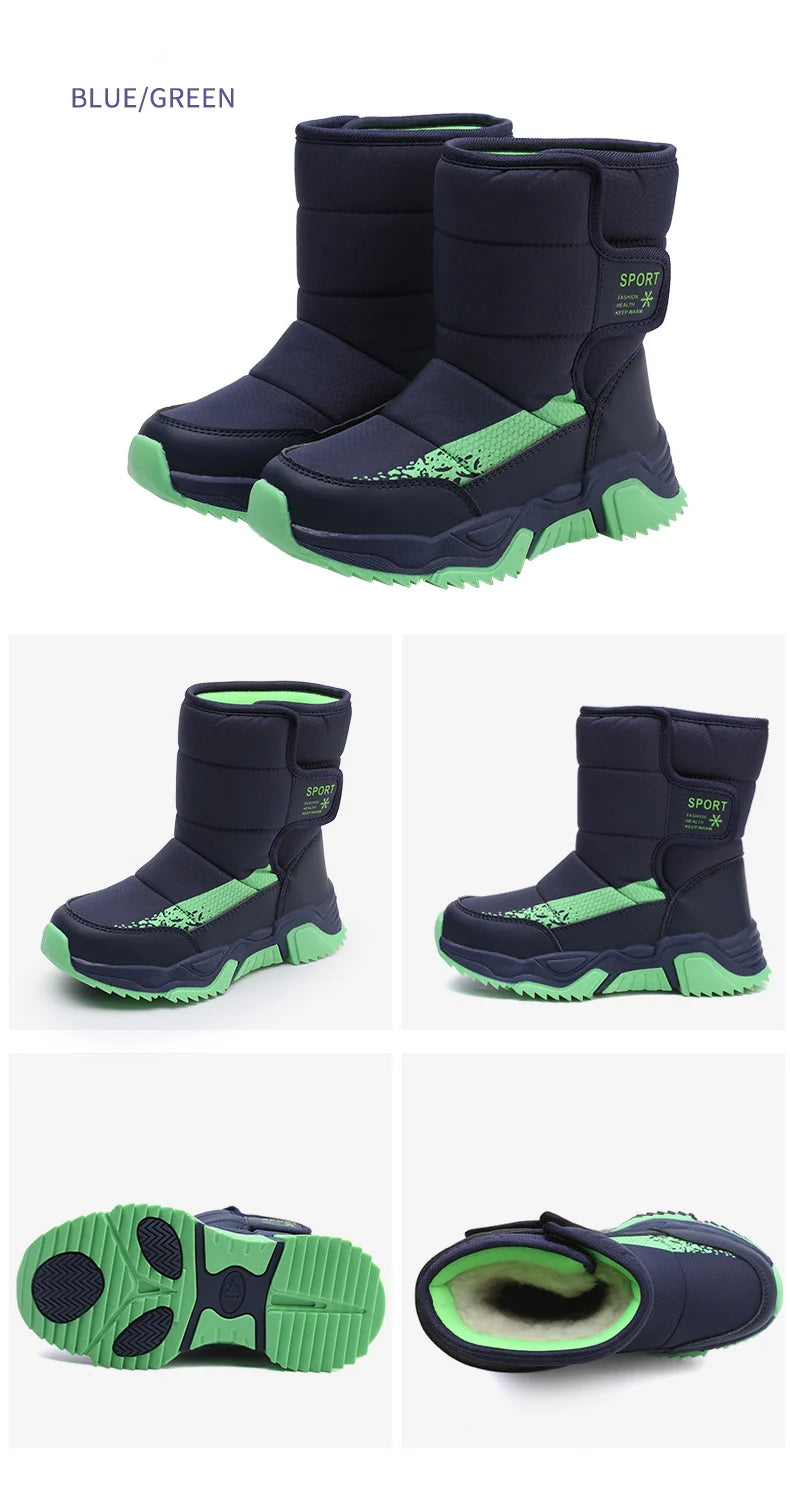 High-Top Kids Snow Boots with Hook-and-Loop Side Straps, Padded Shafts and Chunky Tread Soles for Winter Outings, Chinese Sizes 31-42