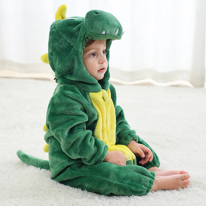 Animal Kigurumi Costume for Babies and Toddlers, Hooded Flannel Jumpsuit with Long Sleeves for Halloween Dress-Up and Family Photos