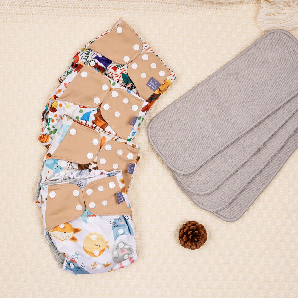 Mesh-Lined Cloth Diapers by Elinfant, 4-Pack Adjustable Pocket Baby Nappies with 4 Three-Layer Microfiber Inserts and Waterproof PUL Outer